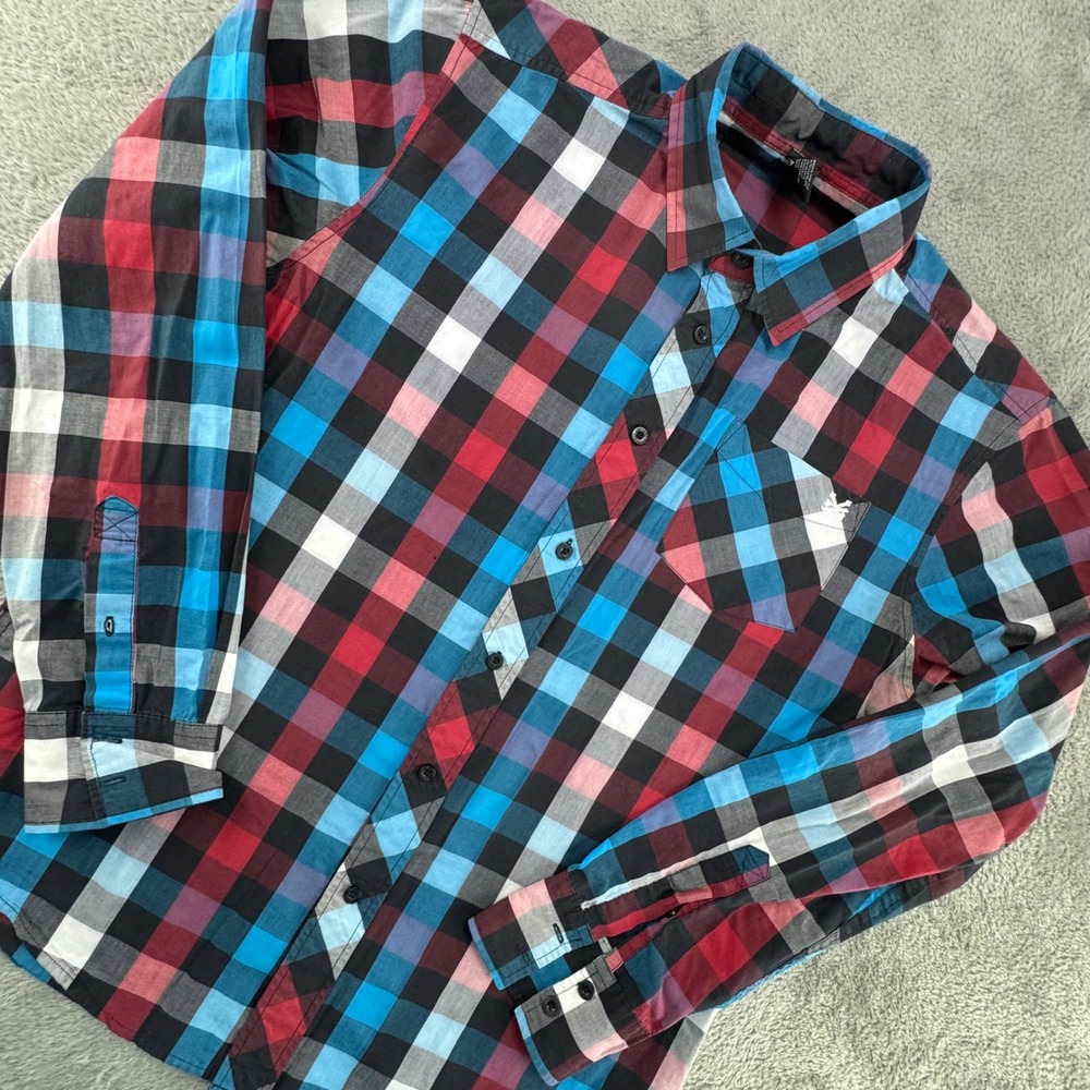Zoo York Plaid Button Down Mens Large Blue Red EUC Long Sleeve Skater Shirt